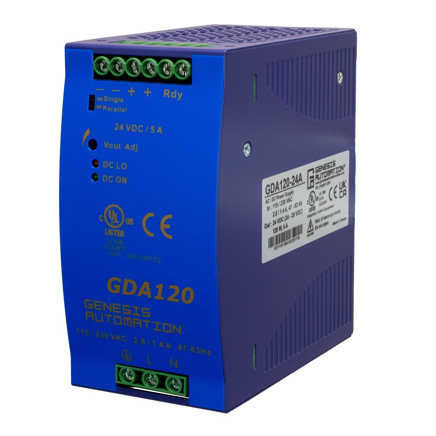 Blue power supply unit with Genesis Automation branding on a white background