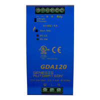 Blue electronic component with 'GDA120' and 'Genesis Automation' branding on a white background