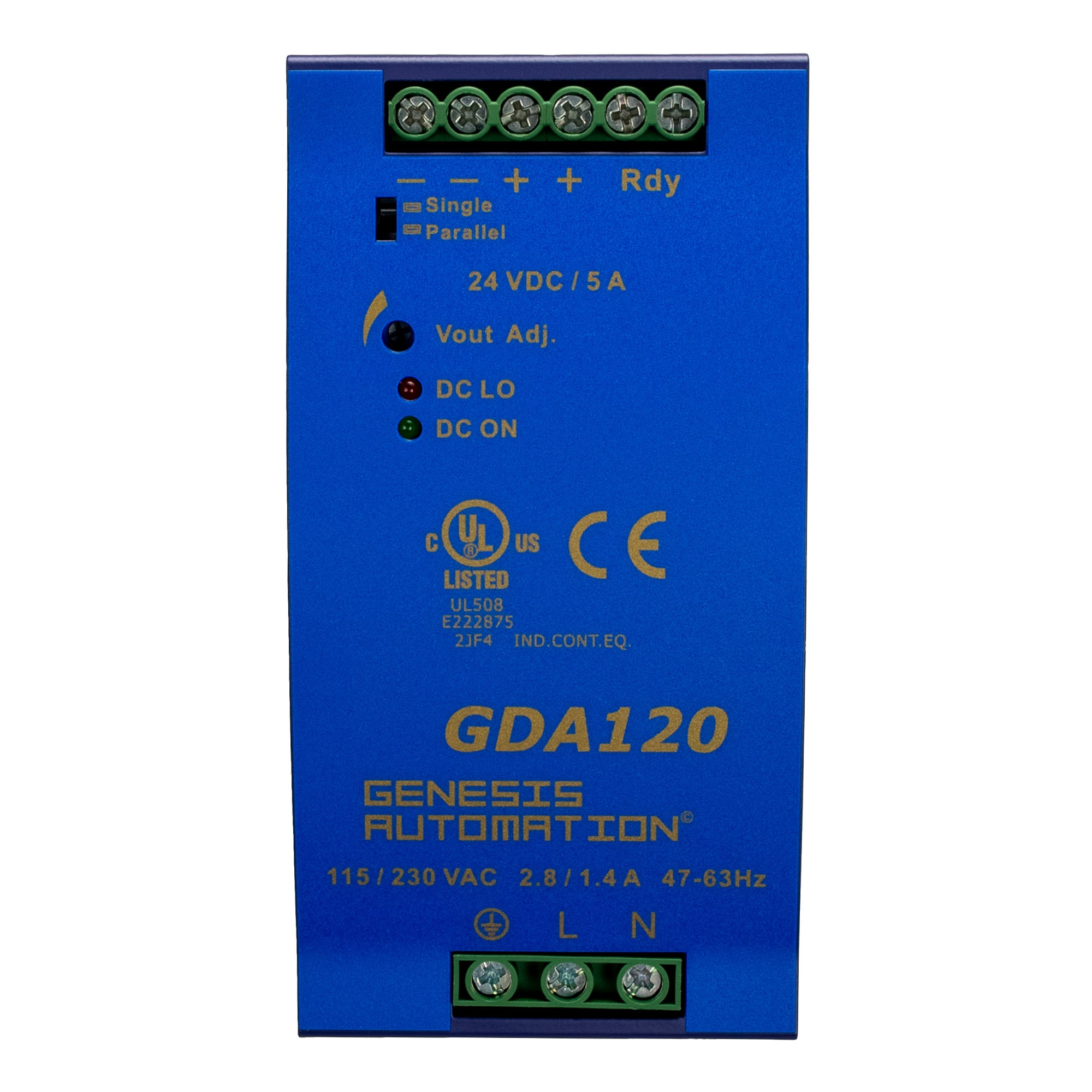 Blue electronic component with 'GDA120' and 'Genesis Automation' branding on a white background