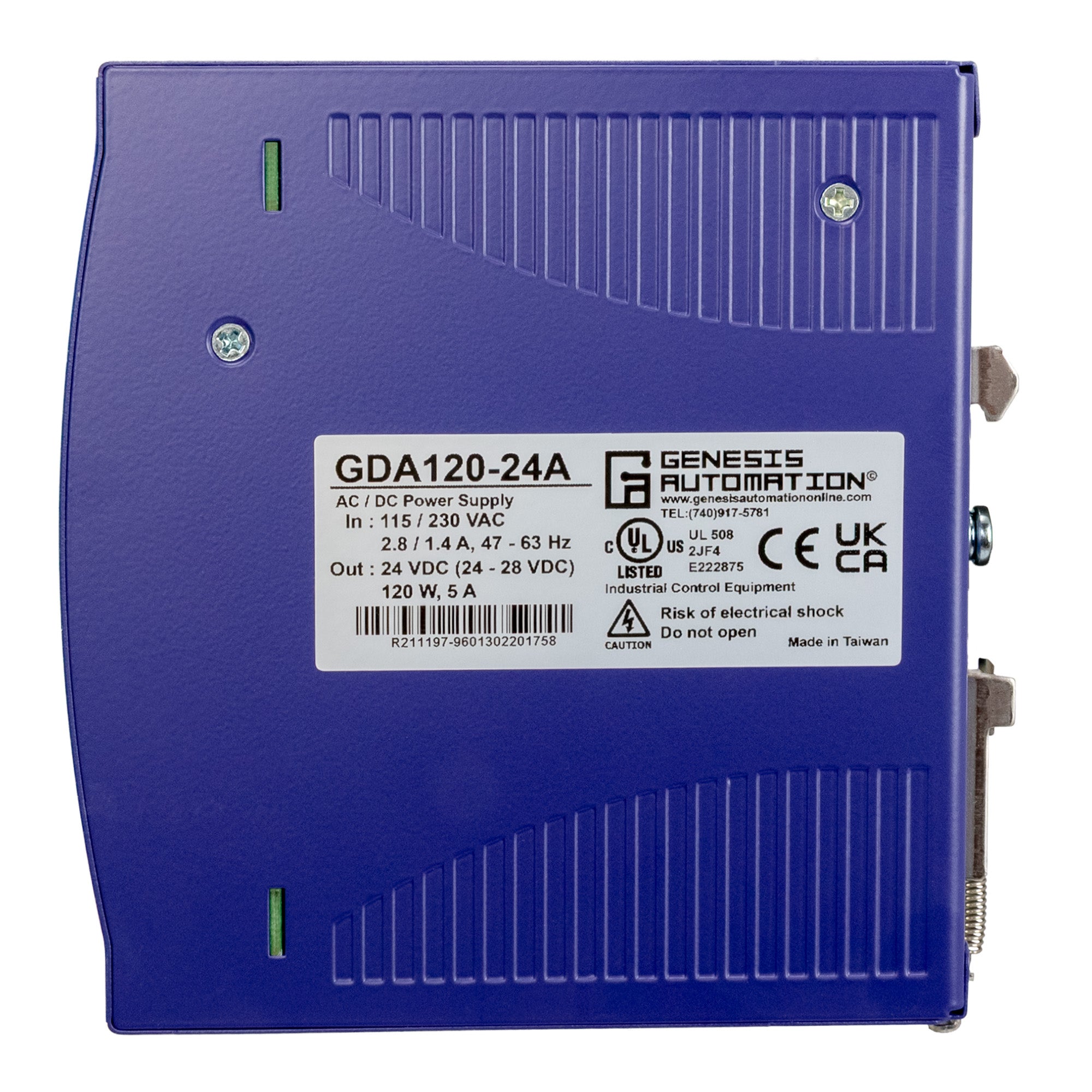 Blue power supply unit with Genesis Automation label on a white background
