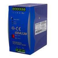 Blue power supply unit with 'GDA120' label on a white background