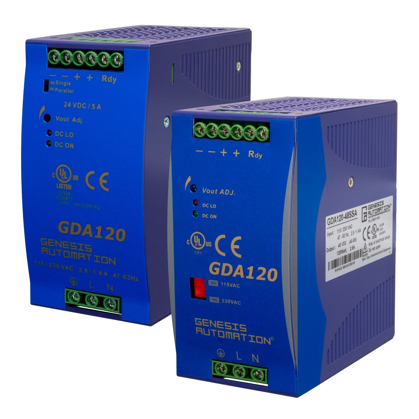 Two blue power supply units with 'GDA120' label on a white background