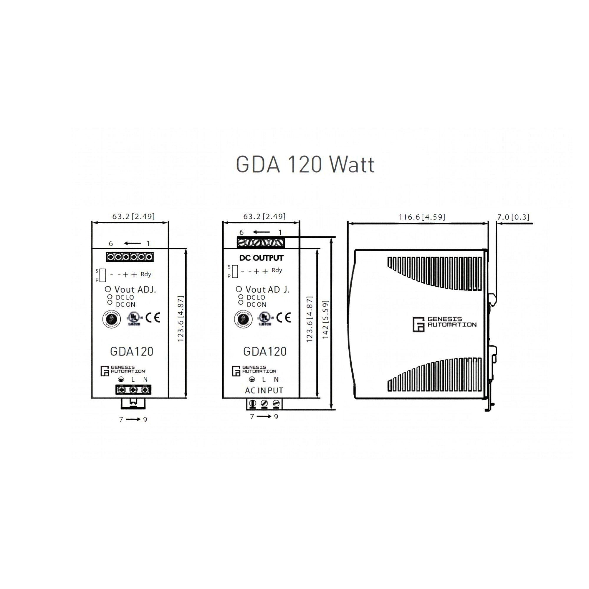 Technical diagram of a GDA 120 Watt electronic component on a white background