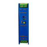 Blue electronic device with labeled ports and indicators on a white background