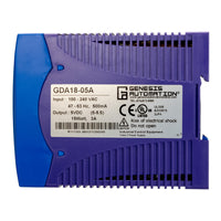 Blue power supply unit with Genesis Automation label on a white background