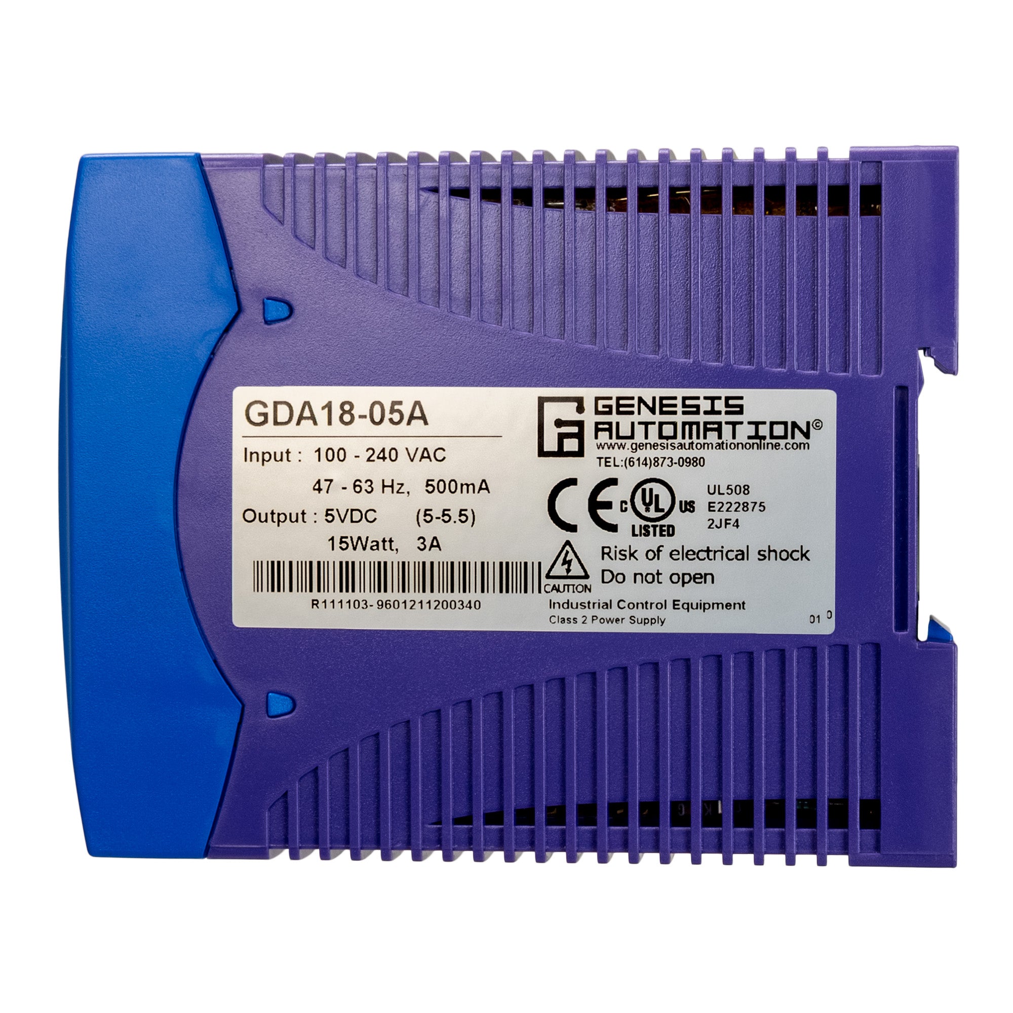 Blue power supply unit with Genesis Automation label on a white background