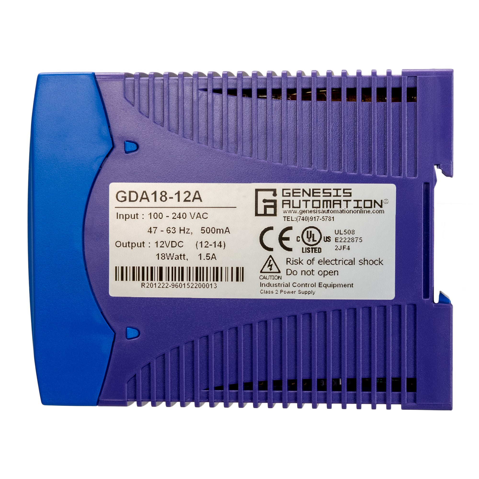 Blue and purple industrial power supply with Genesis Automation branding on a white background