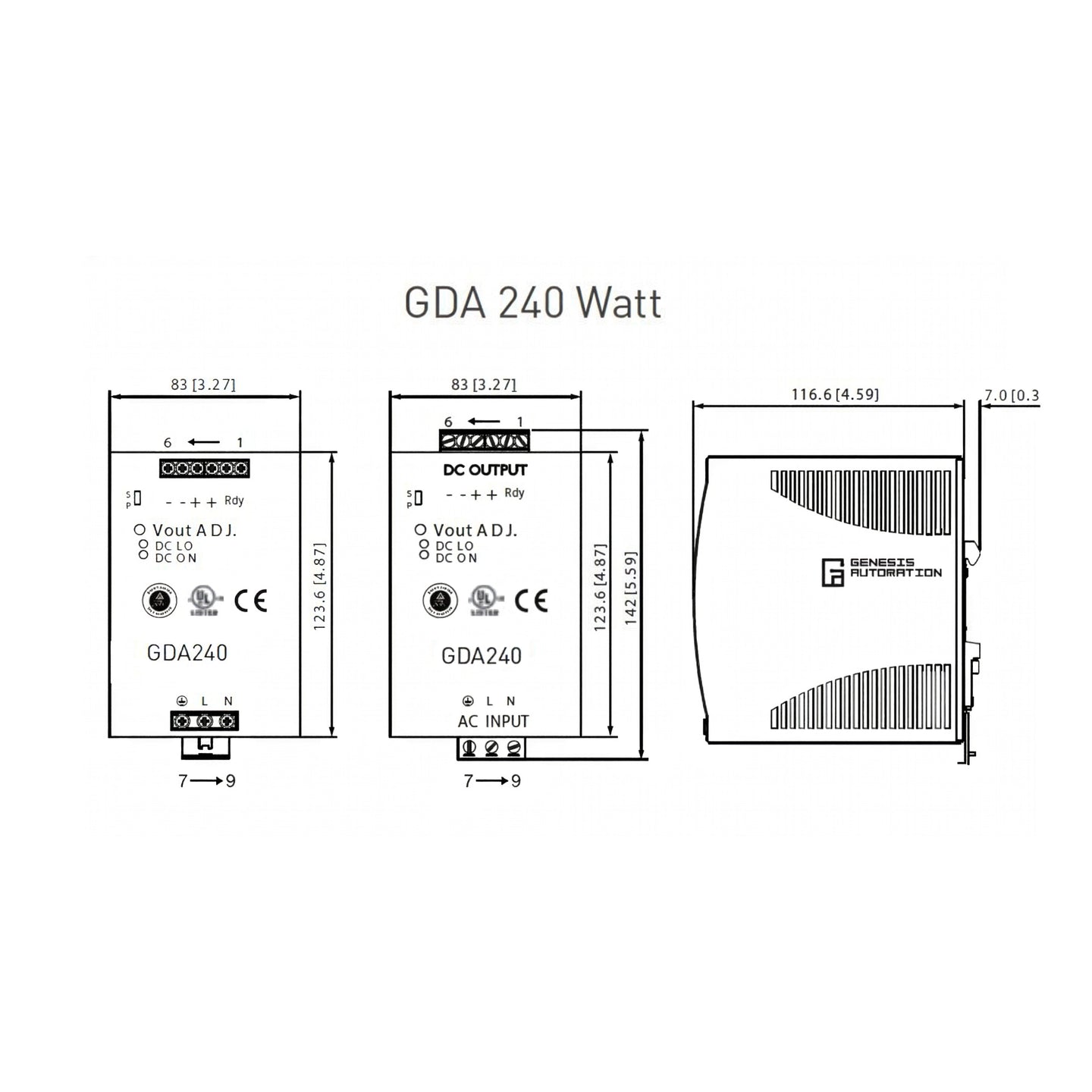 Technical diagram of a GDA 240 Watt power supply unit with dimensions and specifications.