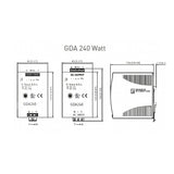 Technical diagram of a GDA 240 Watt power supply unit with dimensions and specifications.
