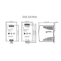 Technical diagram of a GDA 240 Watt power supply unit with dimensions and specifications.