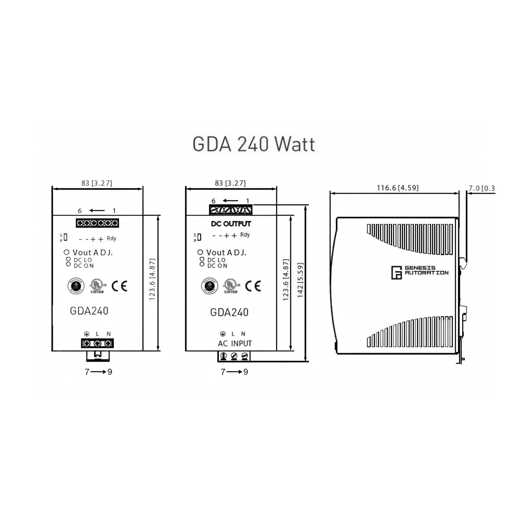 Technical diagram of a GDA 240 Watt power supply unit with dimensions and specifications.