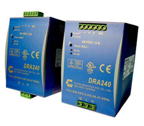 Two blue industrial DIN rail power supplies with model label GDA 240, terminal connections, and certification markings visible.