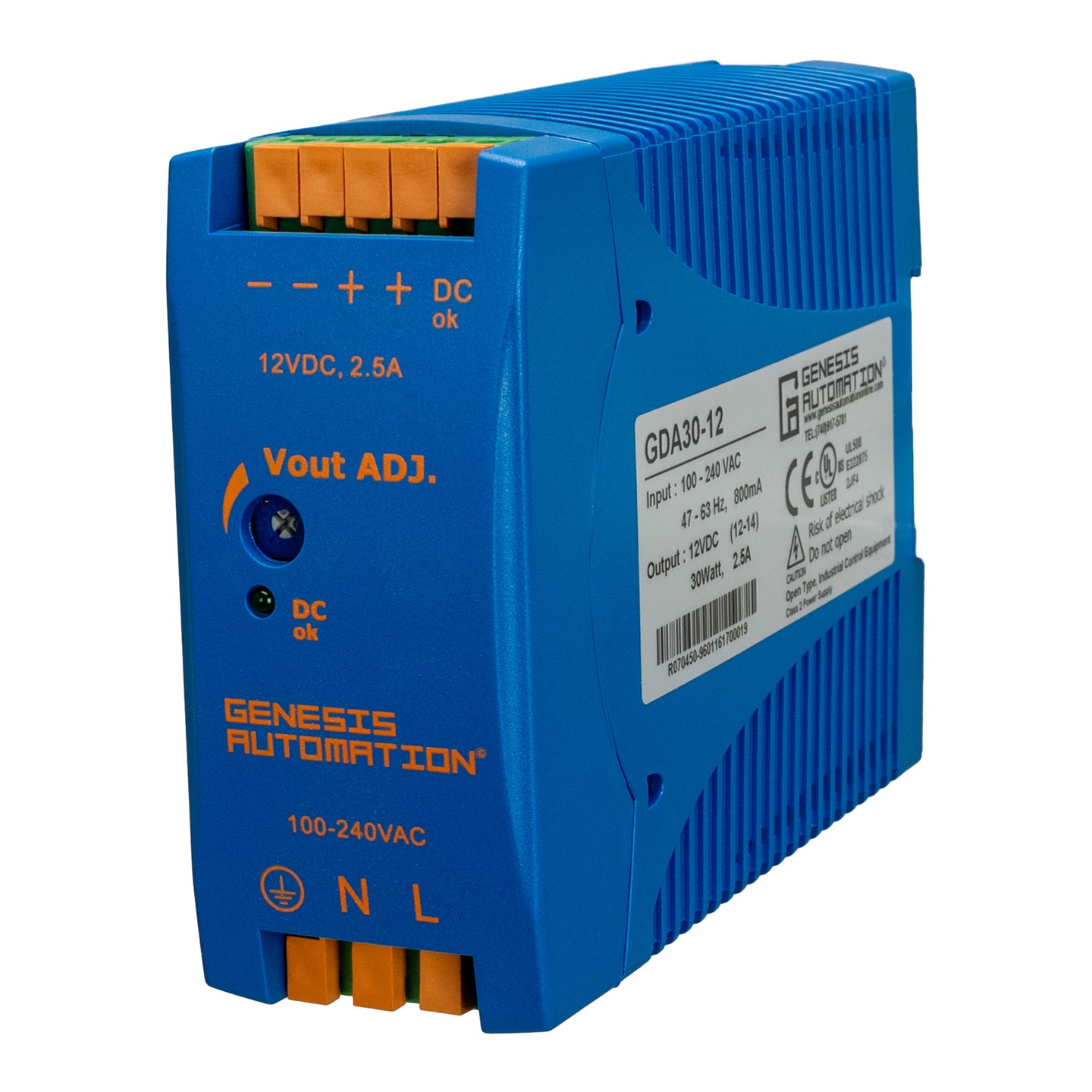 Blue power supply unit with Genesis Automation branding on a white background