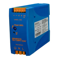Blue power supply unit with Genesis Automation branding on a white background