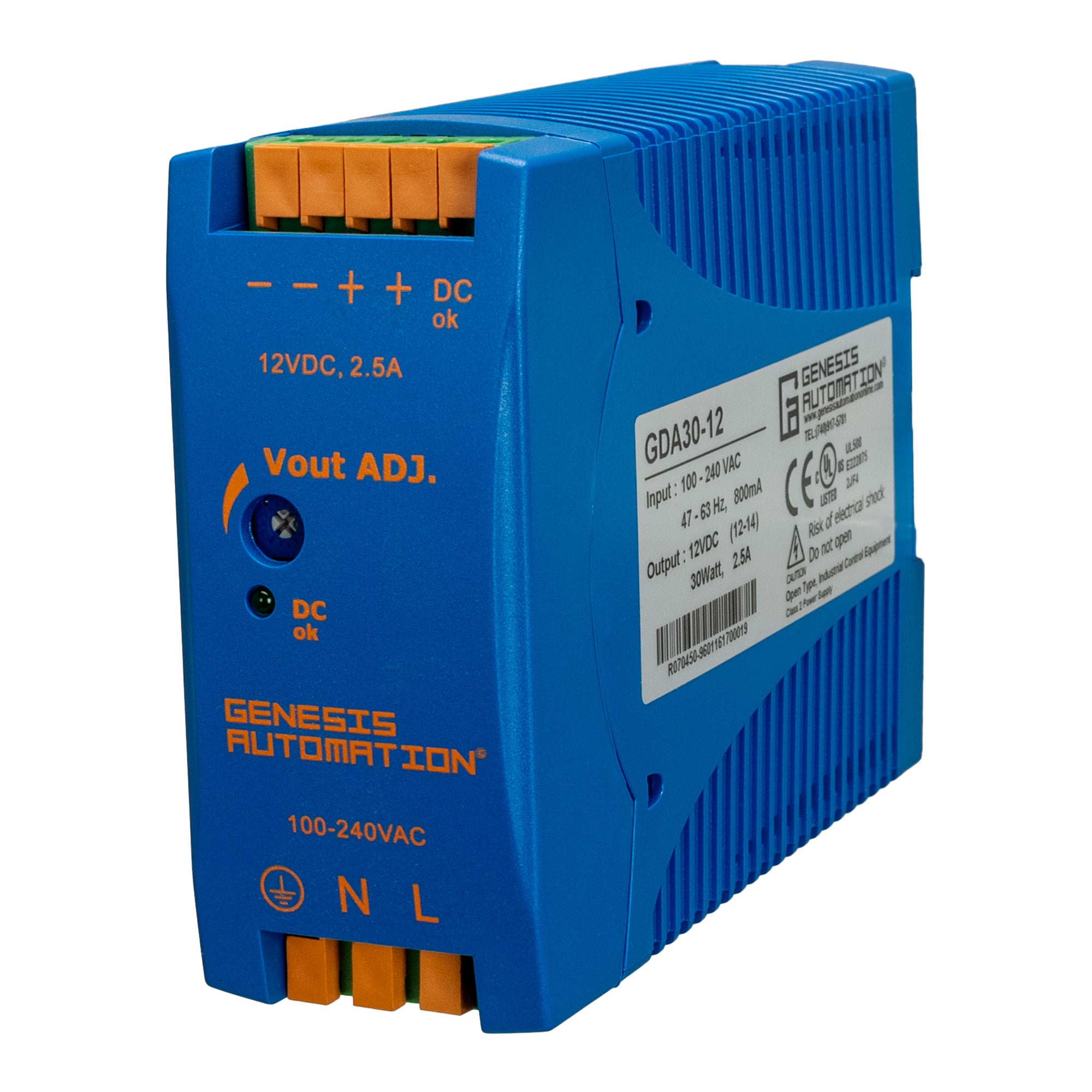 Blue power supply unit with Genesis Automation branding on a white background