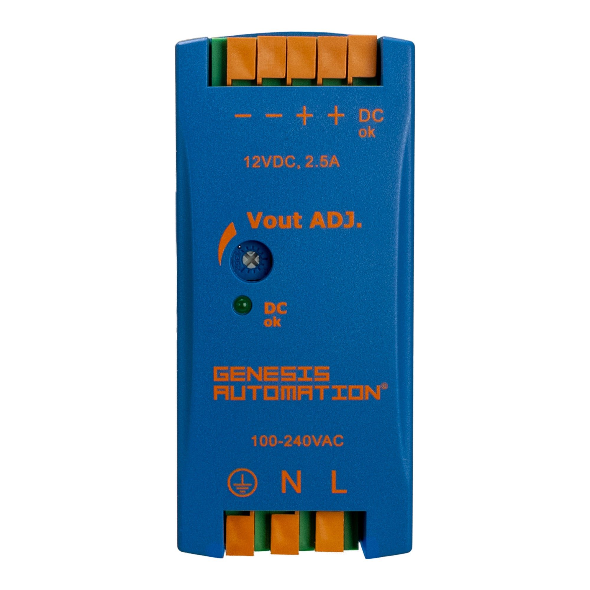 Blue electronic component with orange text on a white background