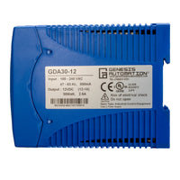 Blue power supply unit with Genesis Automation label on a white background