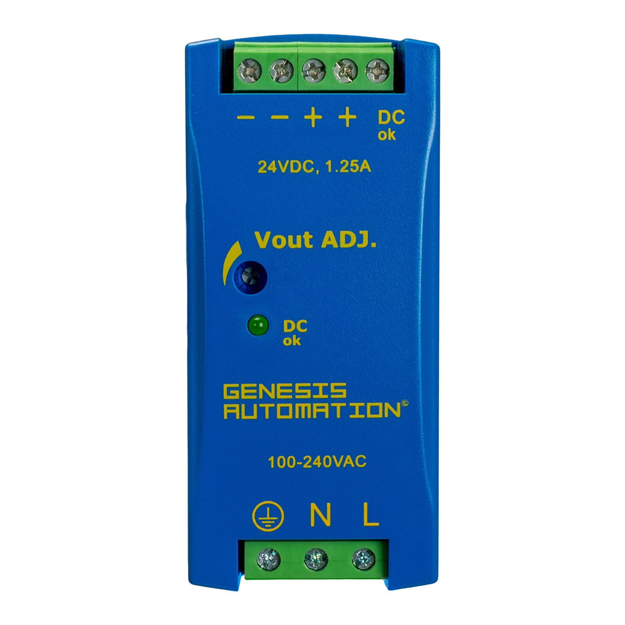 Blue electronic module with Genesis Automation branding on a white background