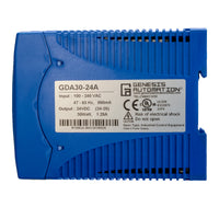 Blue industrial control power supply with Genesis Automation label on a white background