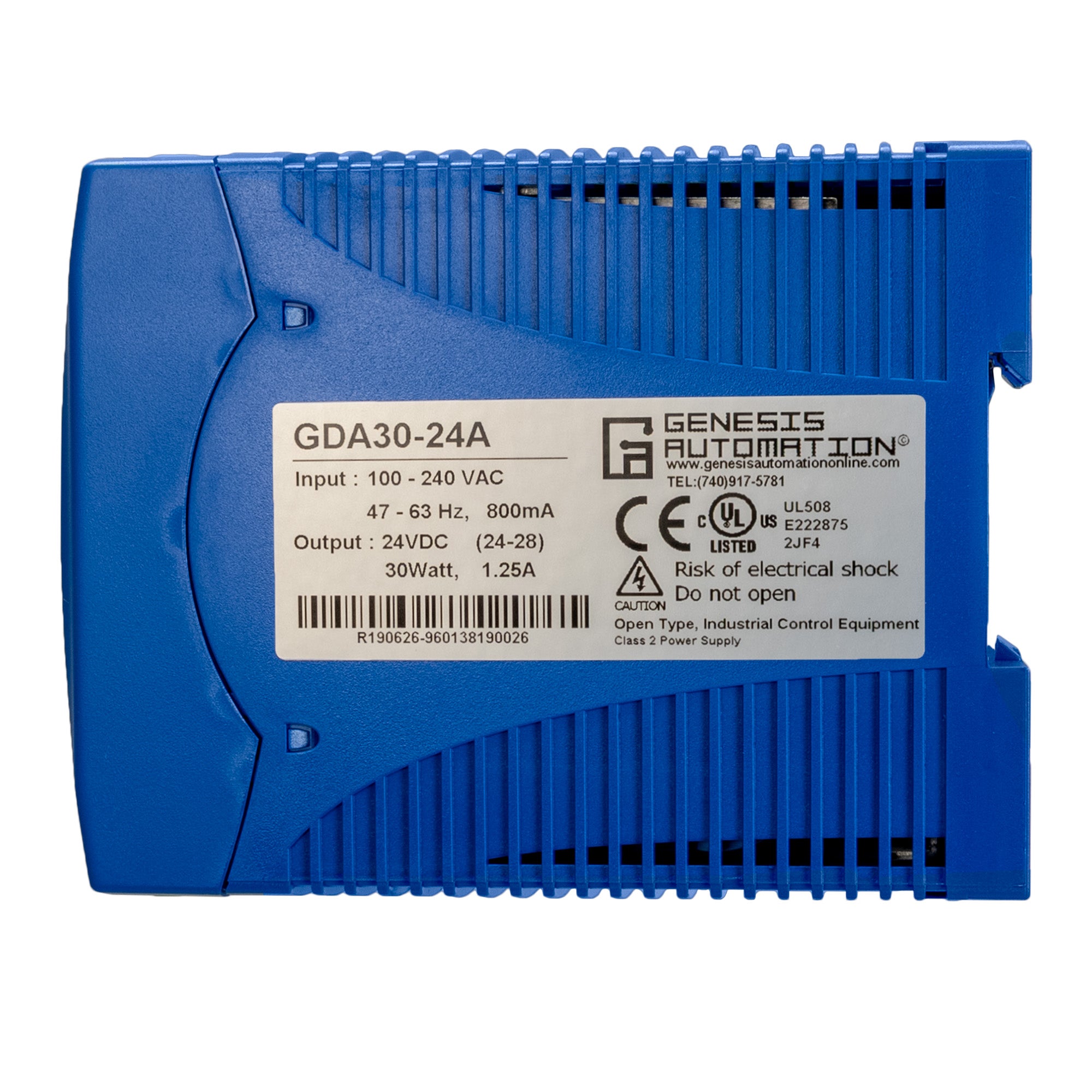 Blue industrial control power supply with Genesis Automation label on a white background