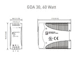 Black on white technical drawing with dimensions and labeled terminals.