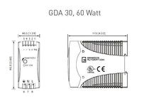 Black on white technical drawing with dimensions and labeled terminals.