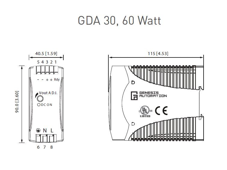 Black on white technical drawing with dimensions and labeled terminals.