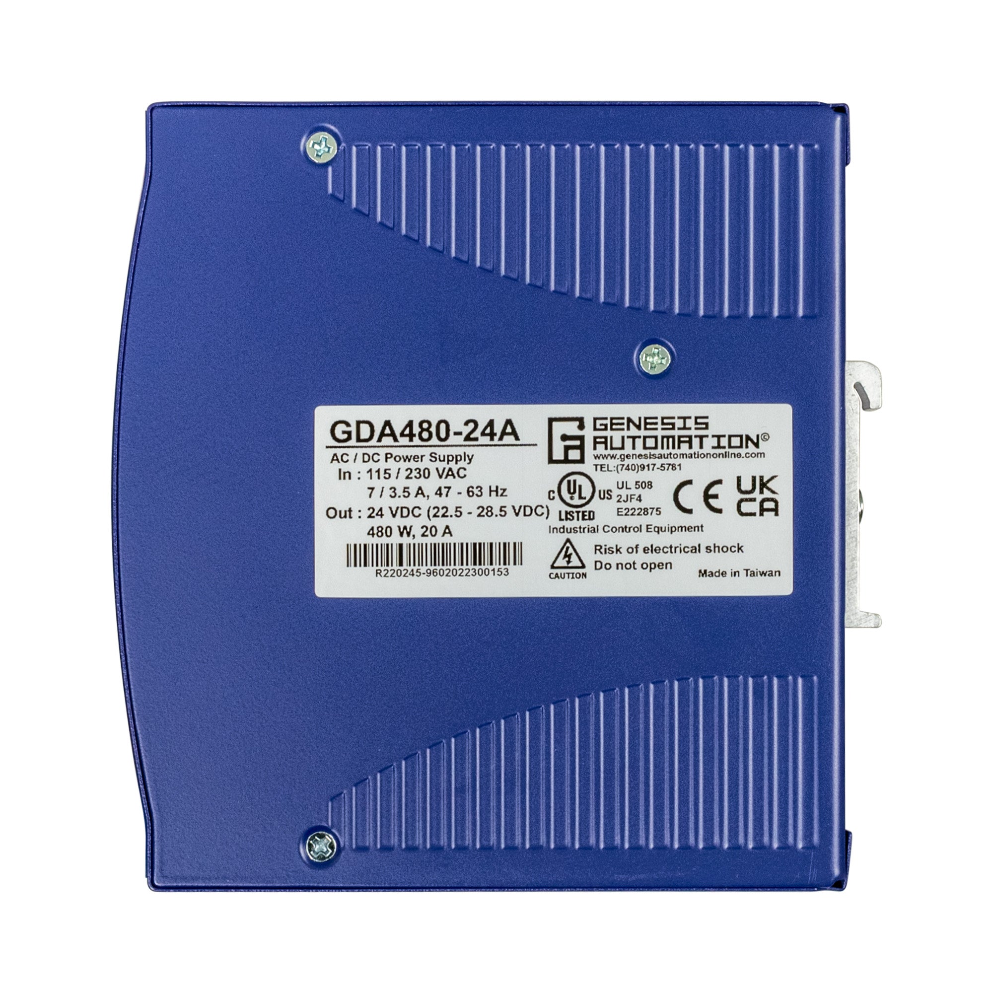 Blue power supply unit with Genesis Limitation label on a white background