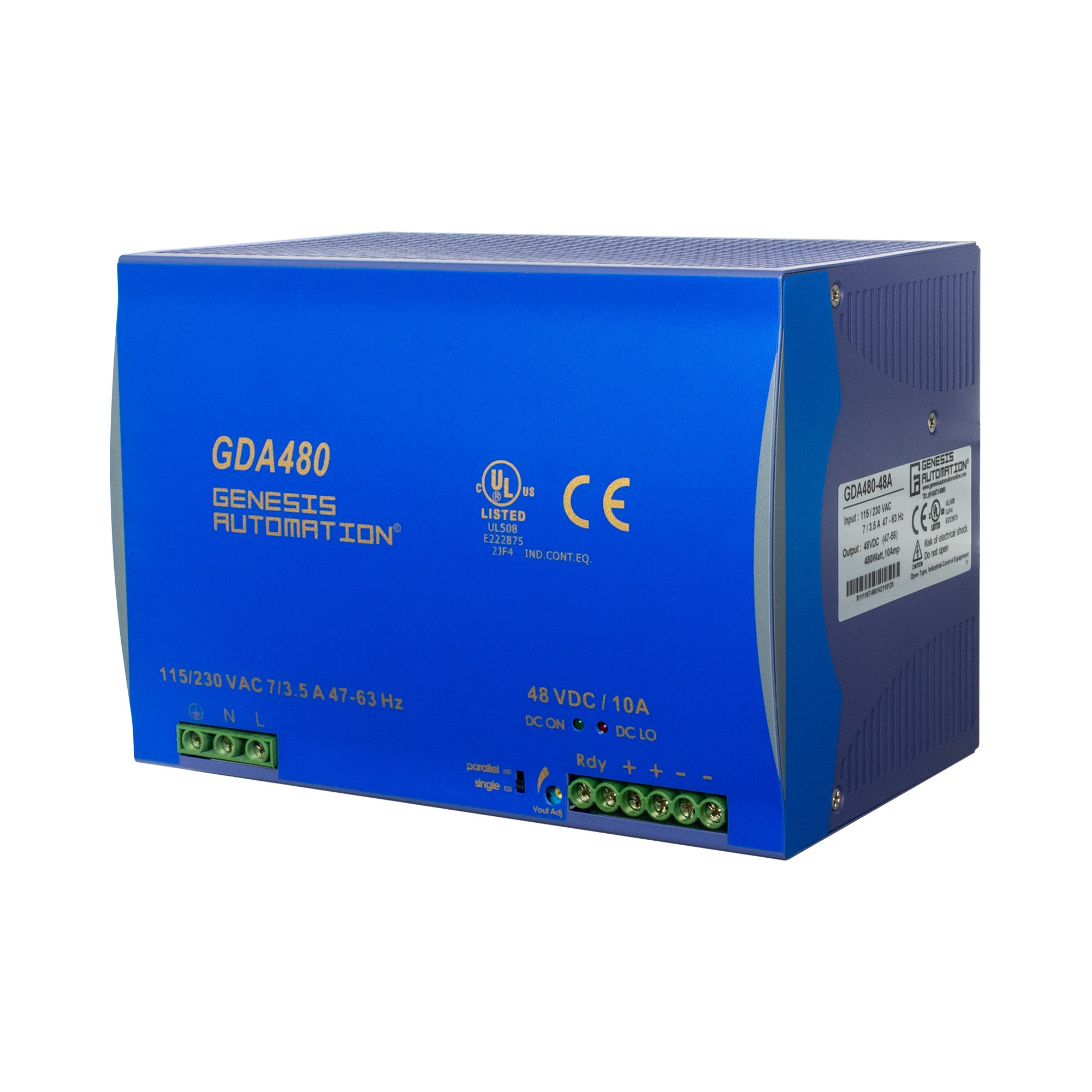 Blue power supply unit with 'Genesis Automation' branding on a white background