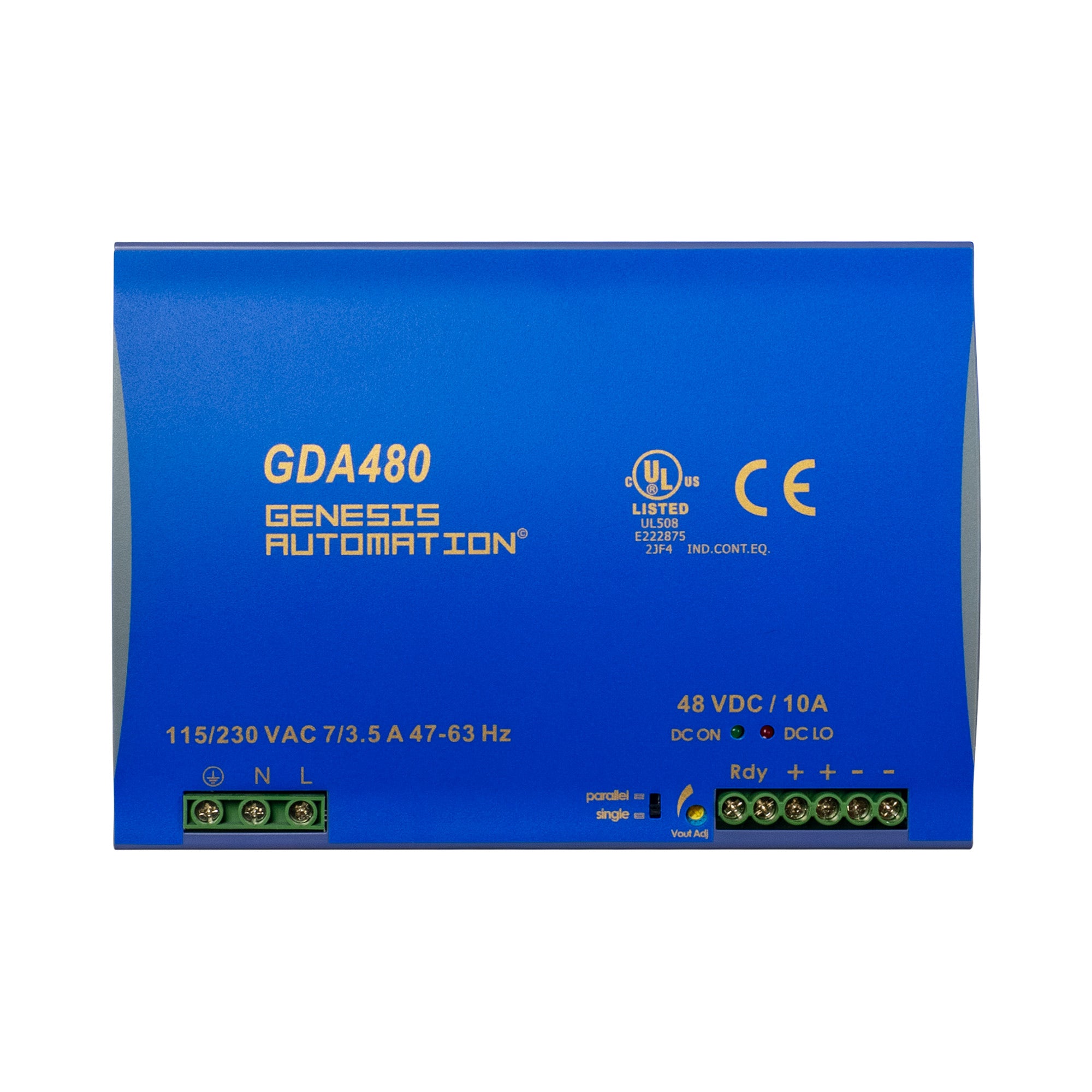 Blue power supply unit with 'GDA480' and 'Genesis Automation' branding on a white background