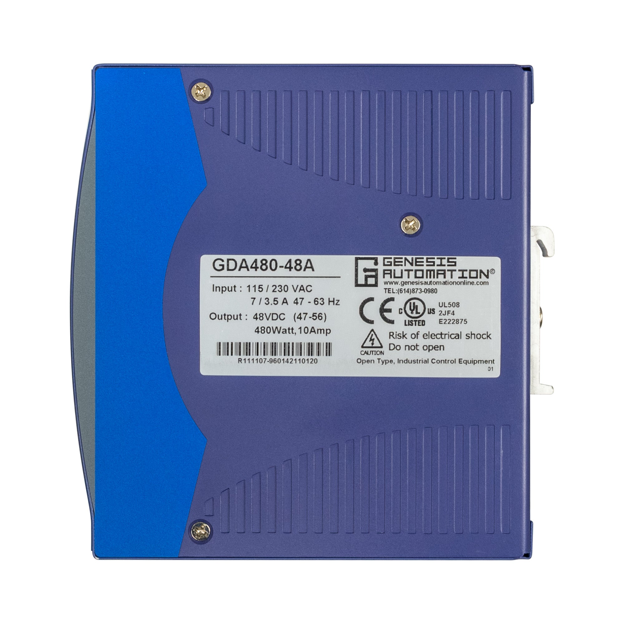 Blue electronic device with Genesis Automation label on a white background