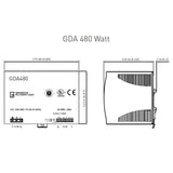 Technical drawing of a GDA 480 Watt power supply unit with dimensions and specifications.