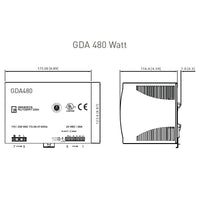 Technical drawing of a GDA 480 Watt power supply unit with dimensions and specifications.
