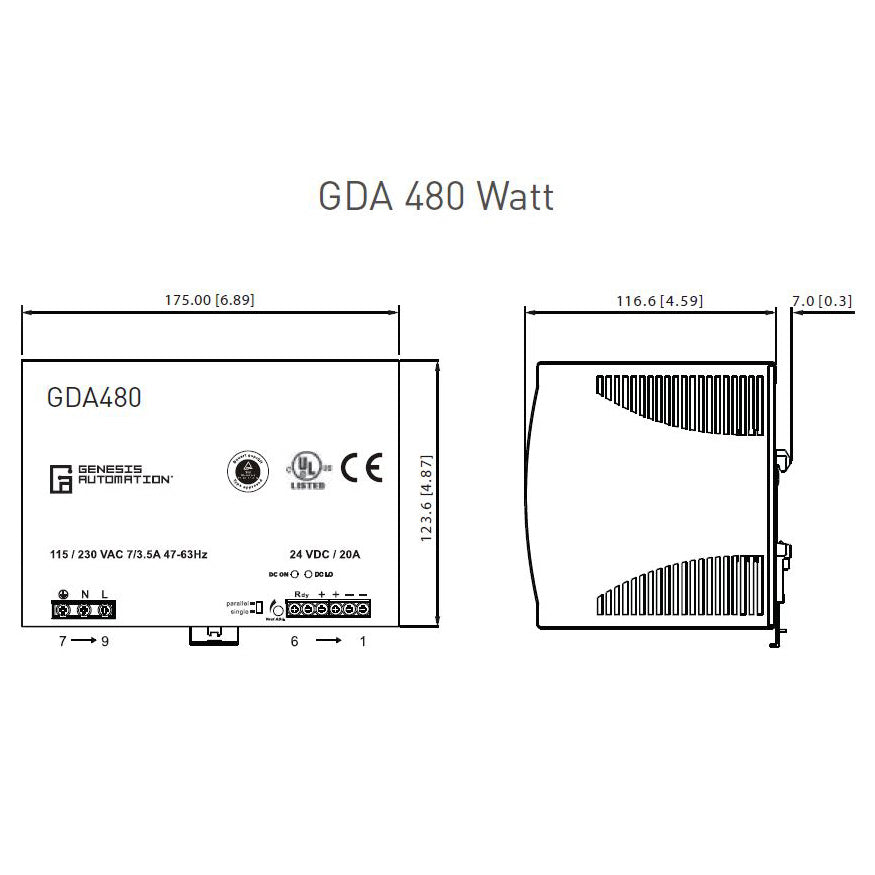 Technical drawing of a GDA 480 Watt power supply unit with dimensions and specifications.