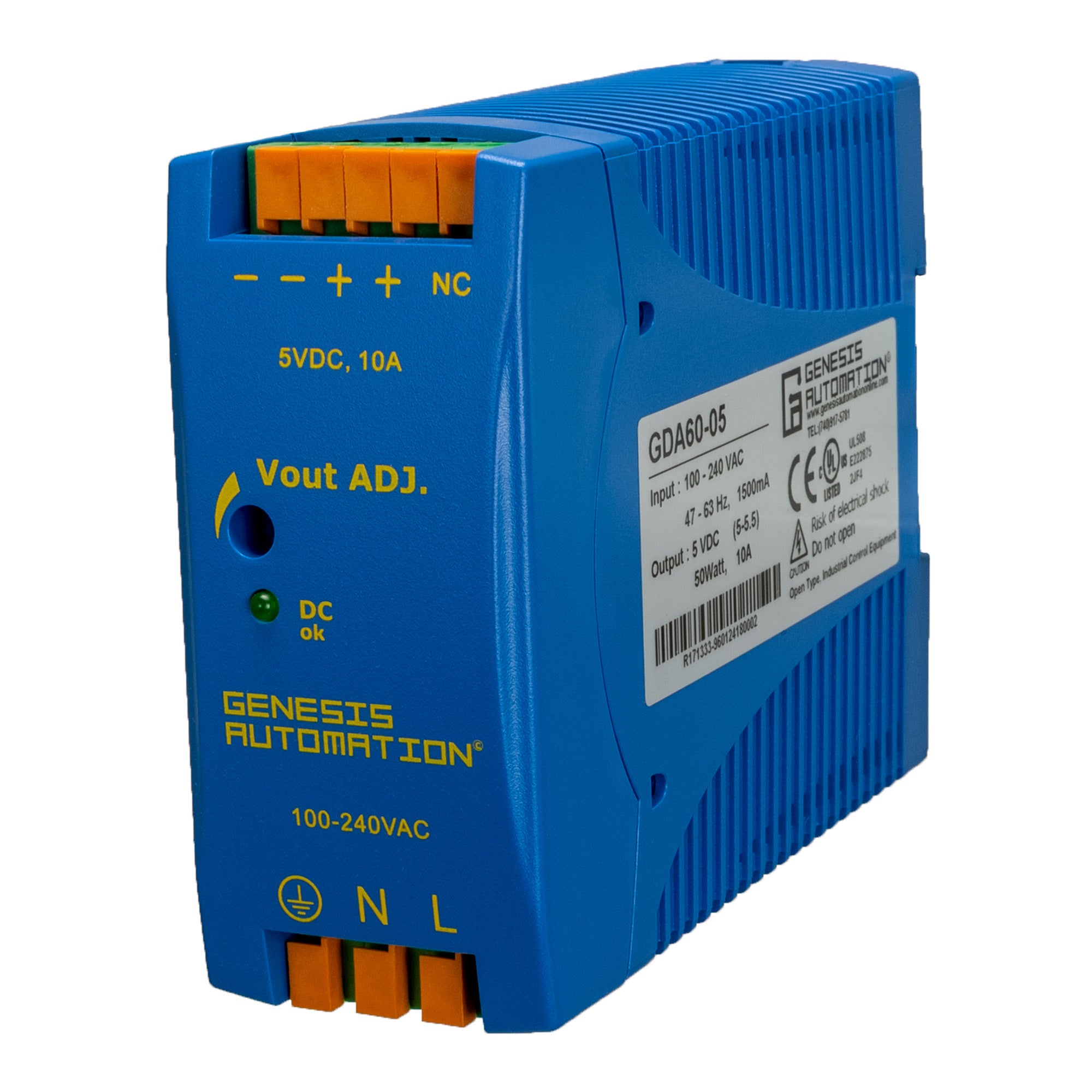 Blue electronic component with Genesis Automation branding on a white background