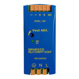 Blue electronic component with yellow text and branding on a white background