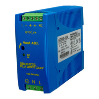 Blue power supply unit with Genesis Automation branding on a white background