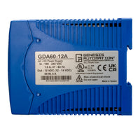 Blue power supply unit with Genesis Automation label on a white background