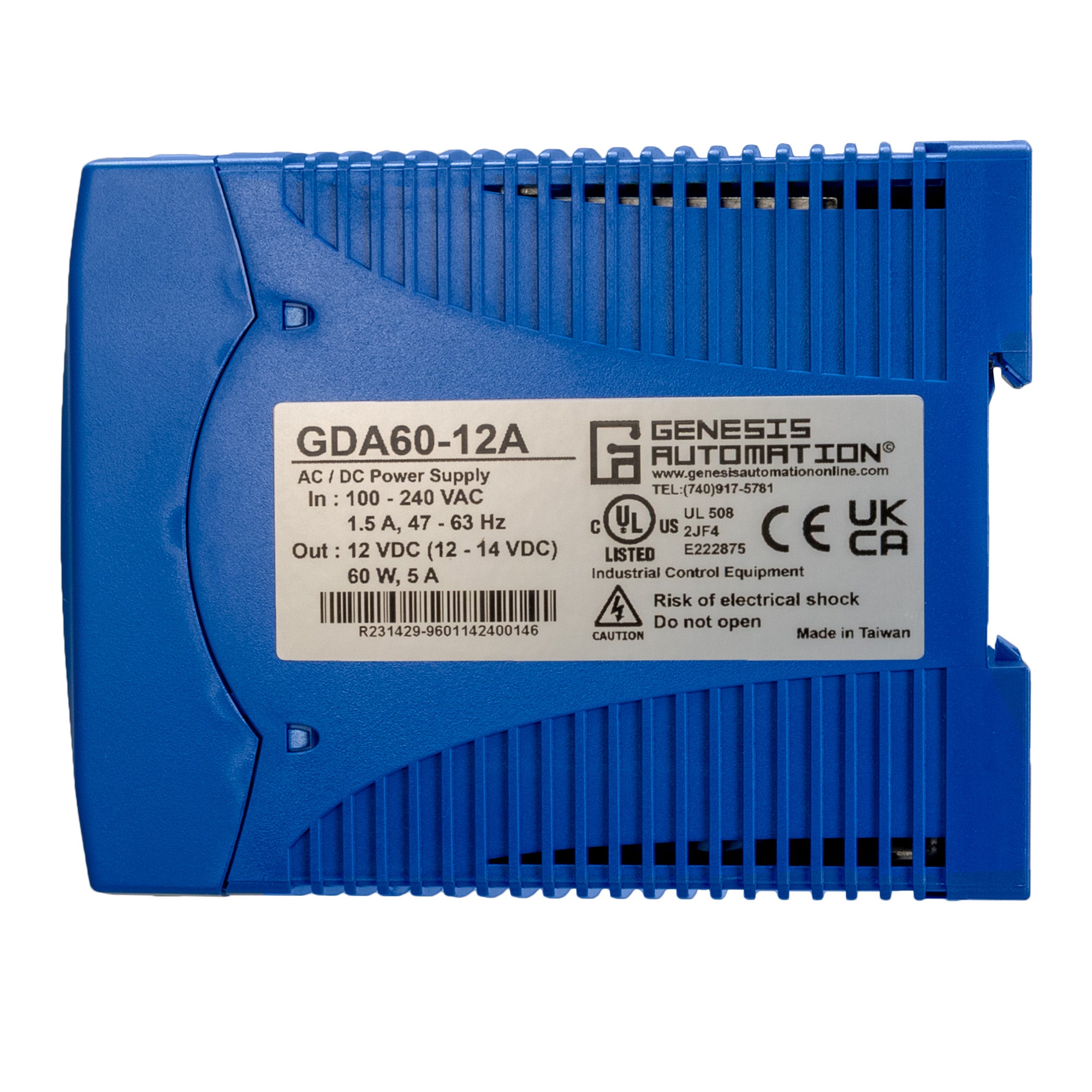 Blue power supply unit with Genesis Automation label on a white background