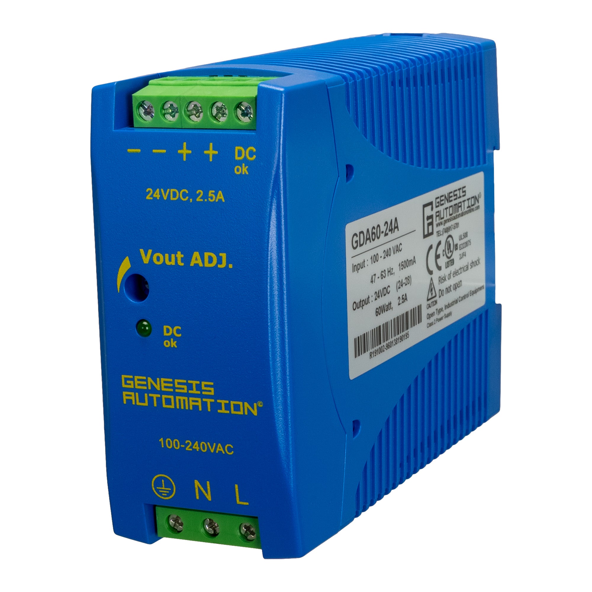 Blue power supply unit with Genesis Automation branding on a white background