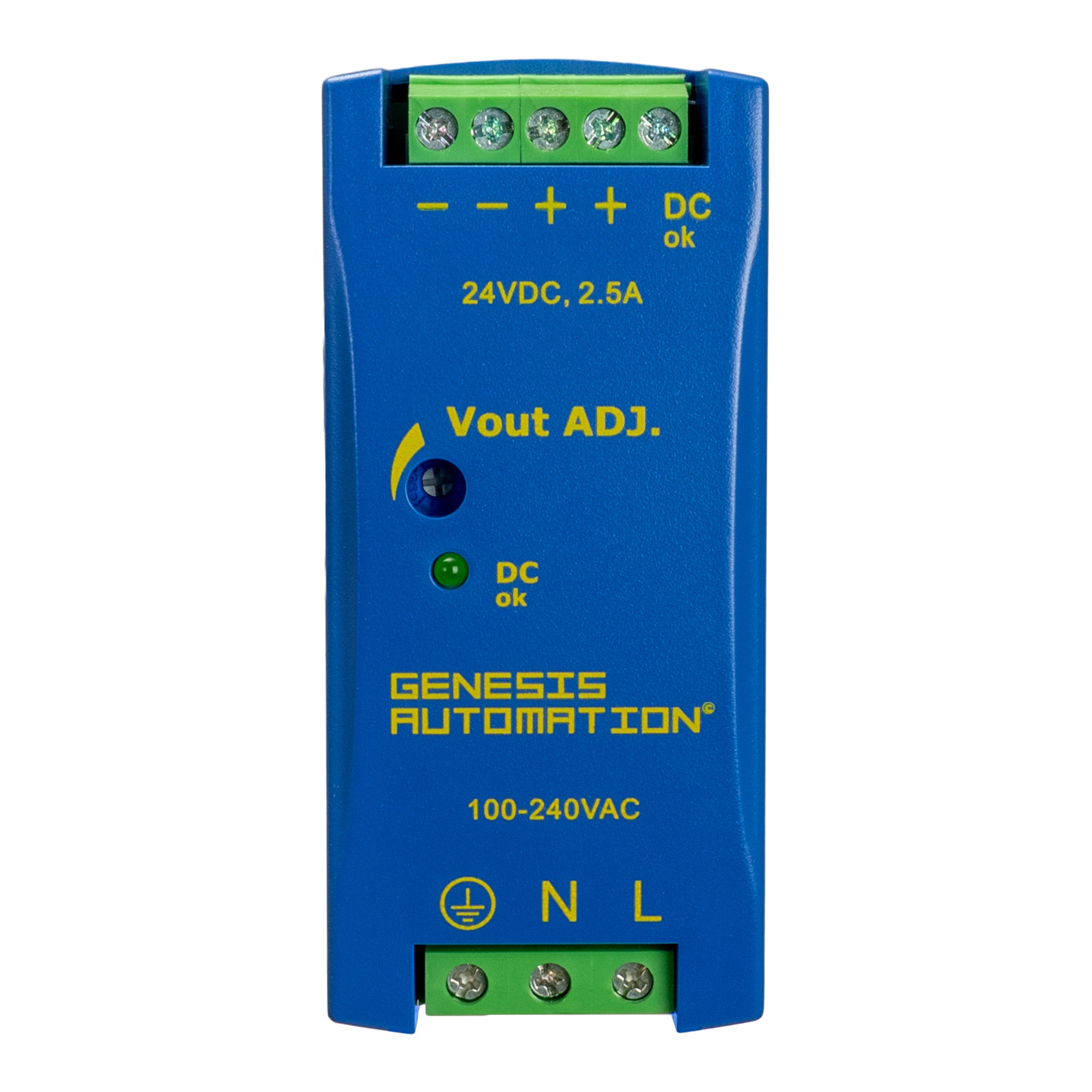 Blue electronic component with yellow text on a white background