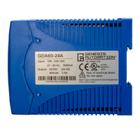 Blue power supply unit with Genesis Automation label on a white background