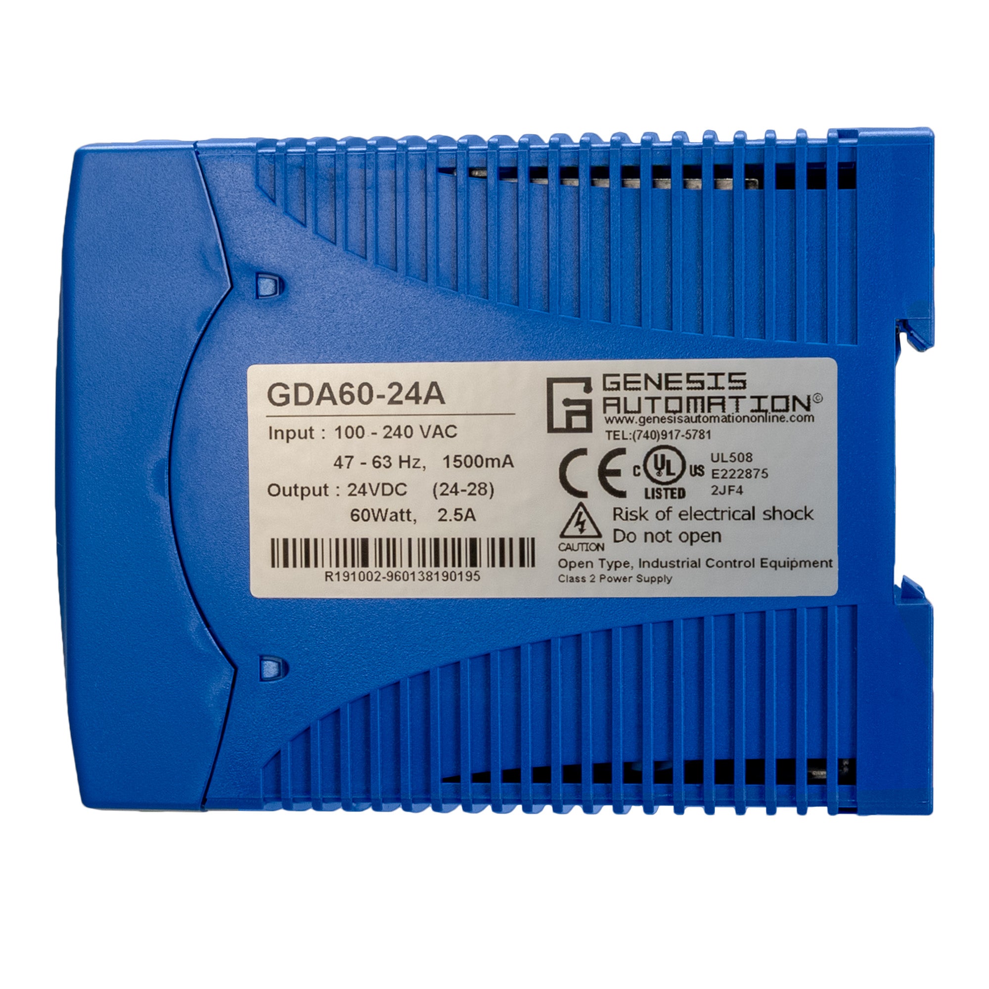 Blue power supply unit with Genesis Automation label on a white background