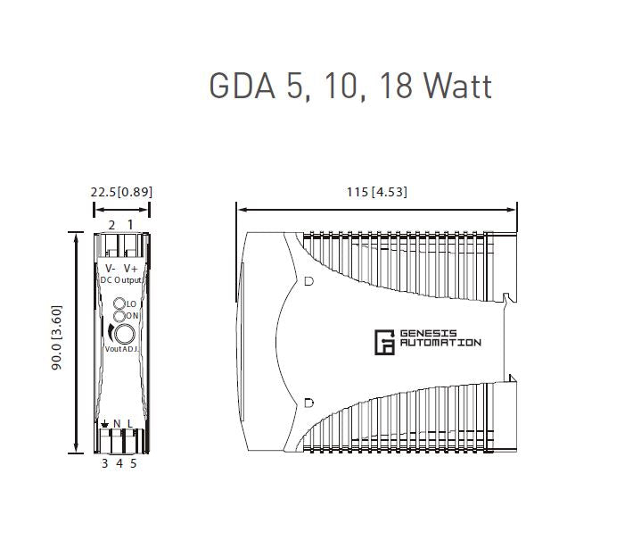 Black on white technical drawing of a Genesis Automation component with dimensions and specifications.