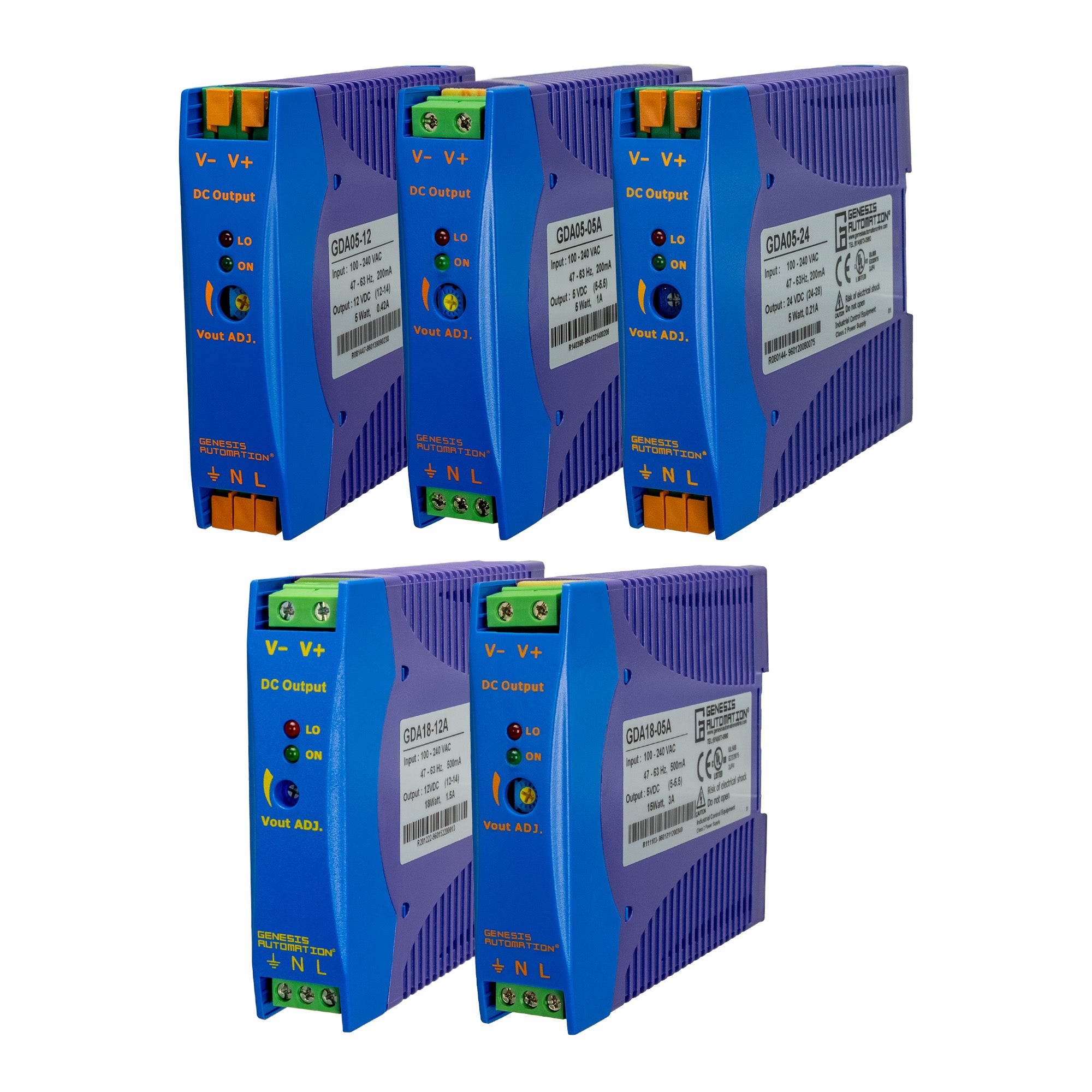 Five blue electronic power supplies on a white background