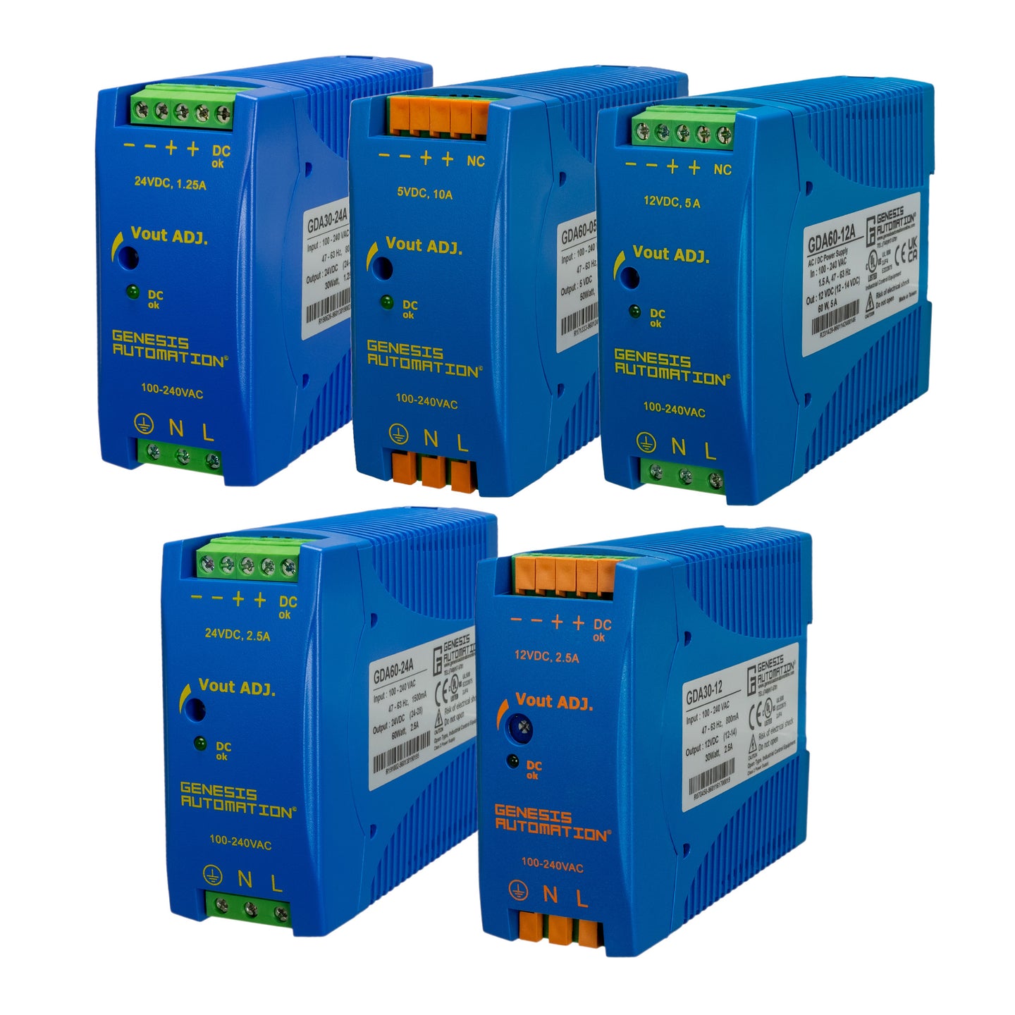 Six blue electronic devices with Genesis Automation branding on a white background