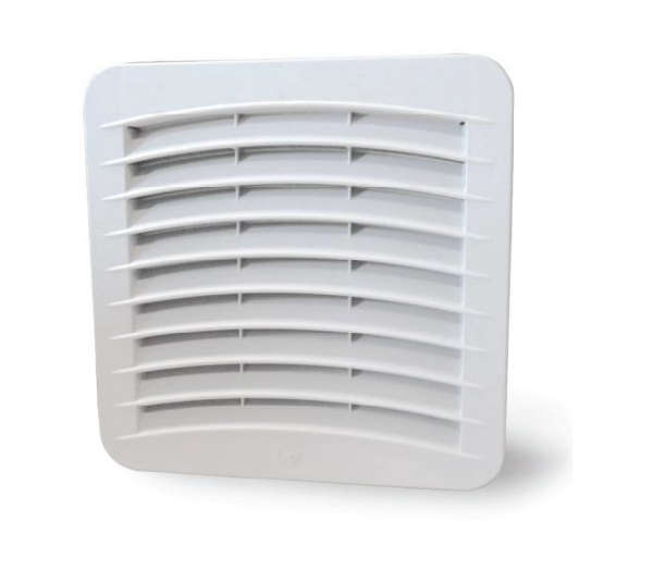 An 8-inch white enclosure filter fan with a single hole cutout for snap-in installation.