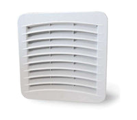 An 8-inch white enclosure filter fan with a single hole cutout for snap-in installation.