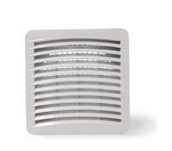 A 10-inch square enclosure filter fan with a white protective grille.