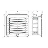Technical drawing of a square vent with dimensions labeled on a white background.